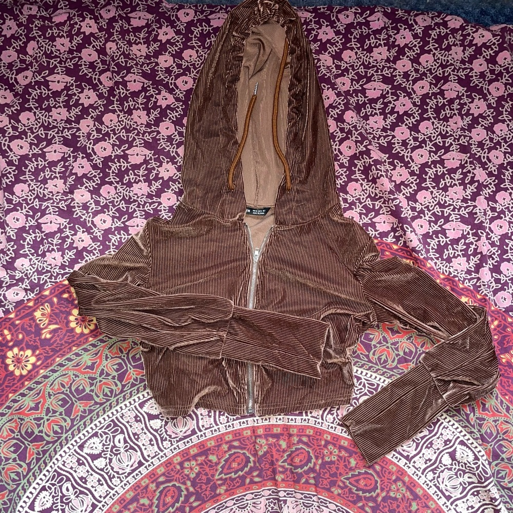 Brown velour ribbed zip up